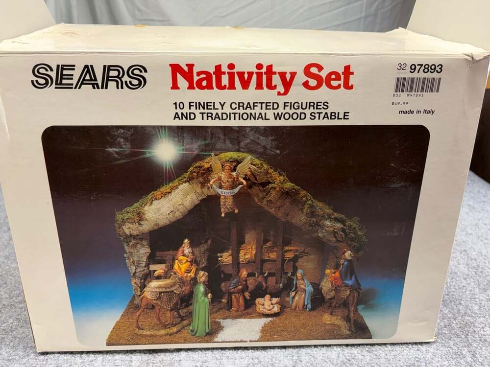Vintage Sears Nativity Set 10 Hand Painted Figures & Wood Stable Orig Box-ITALY